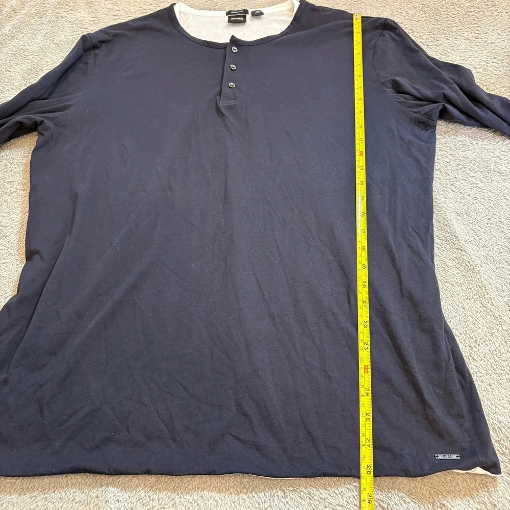 Hugo Boss Mens XXL Navy Blue Long Sleeve Henley Shirt Regular Fit Contrast Layer